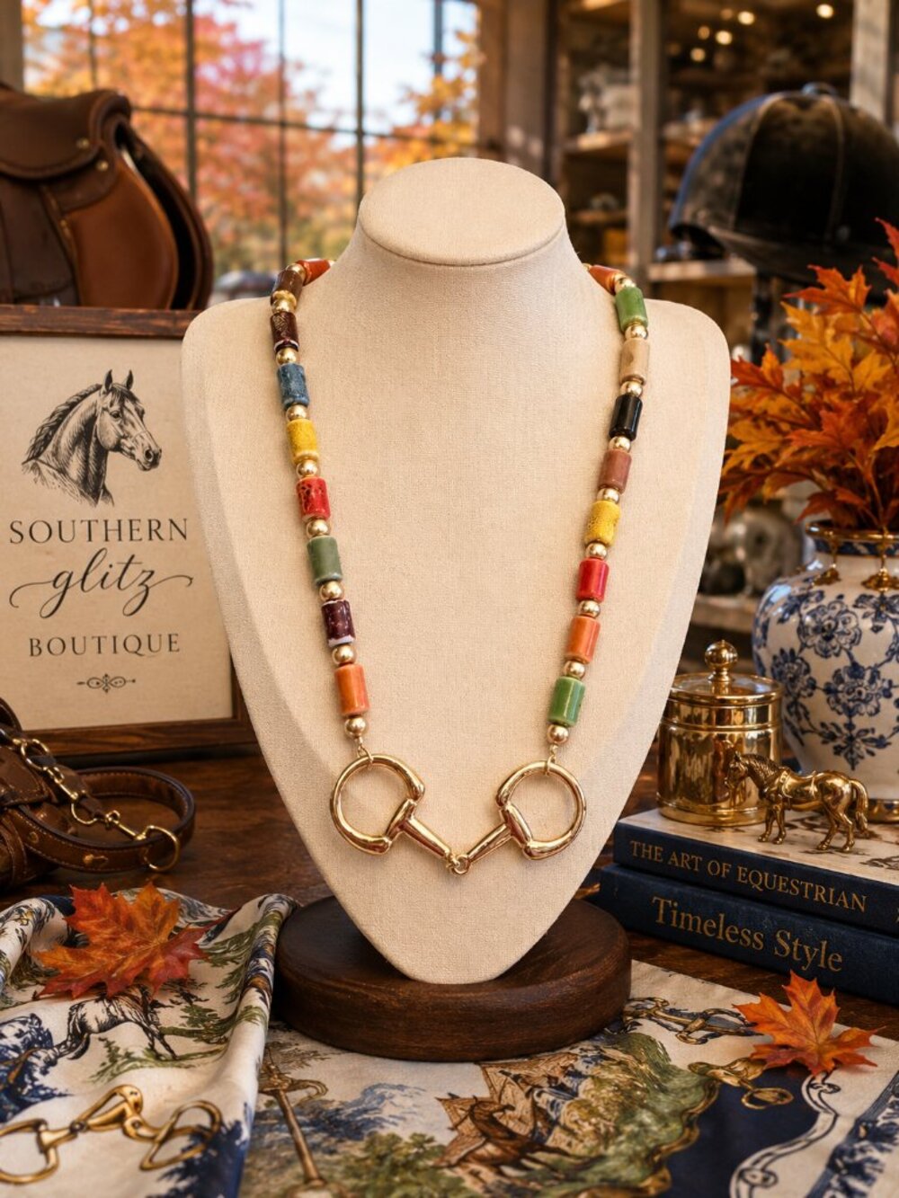 Colorful Equestrian Horse Bit Necklace, Multicolor Beaded Statement Necklace